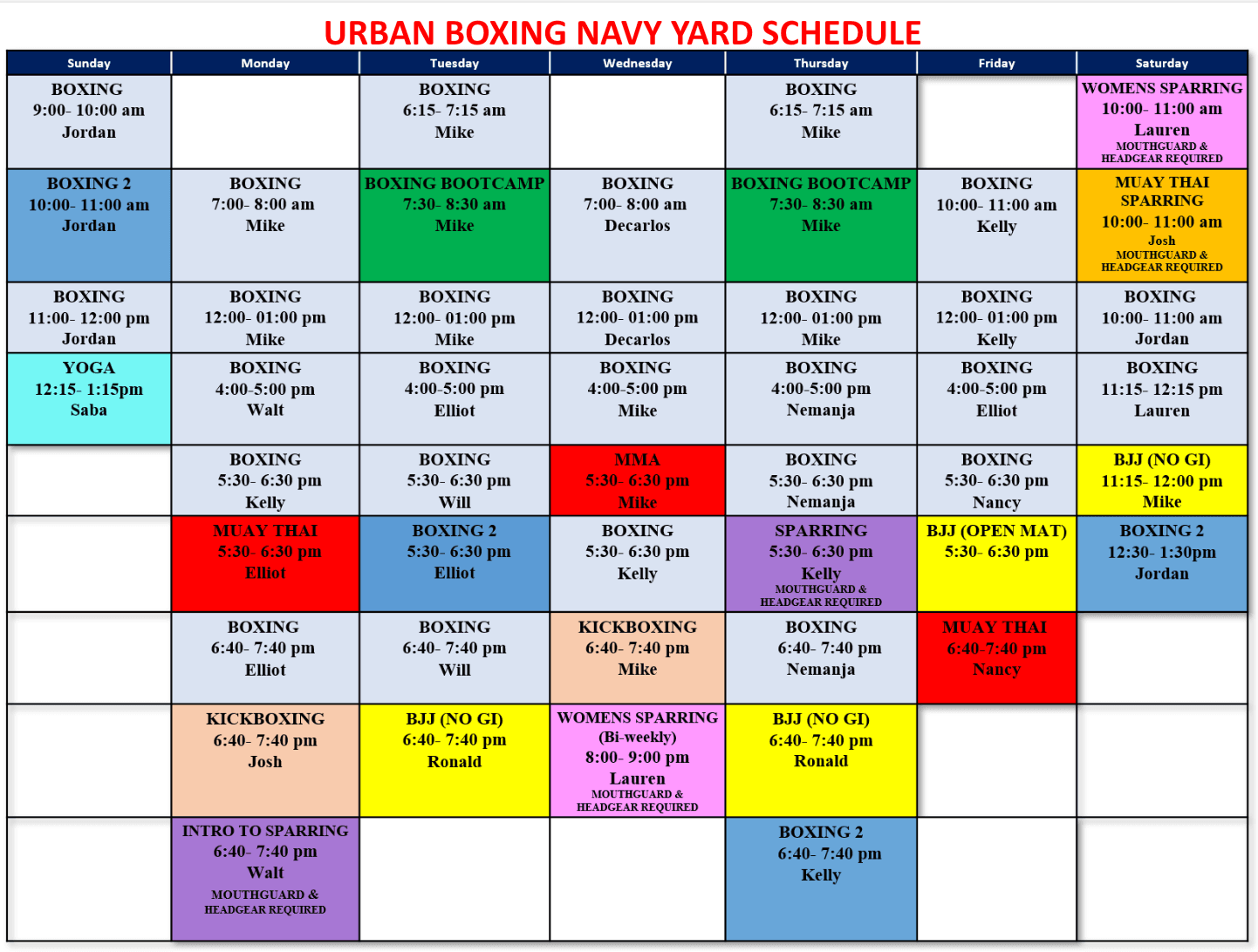 Weekly class schedule — Urban Boxing Navy Yard. Boxing, kickboxing, Muay Thai. Tap to request your first class free.
