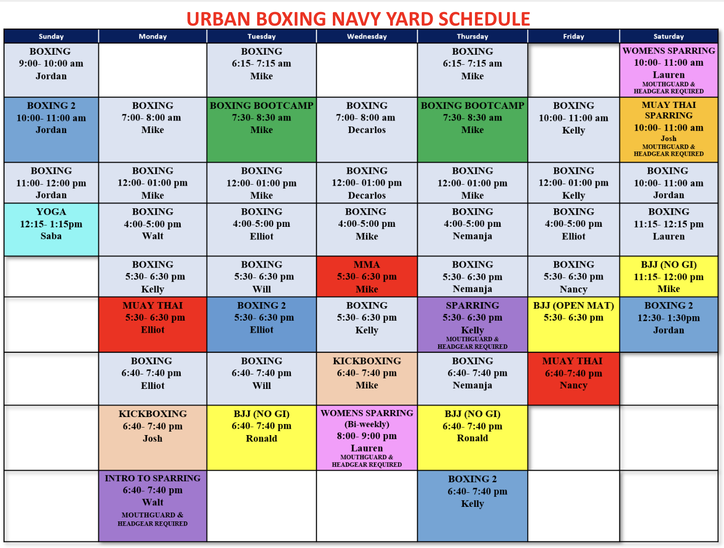 Weekly class schedule — Urban Boxing Navy Yard